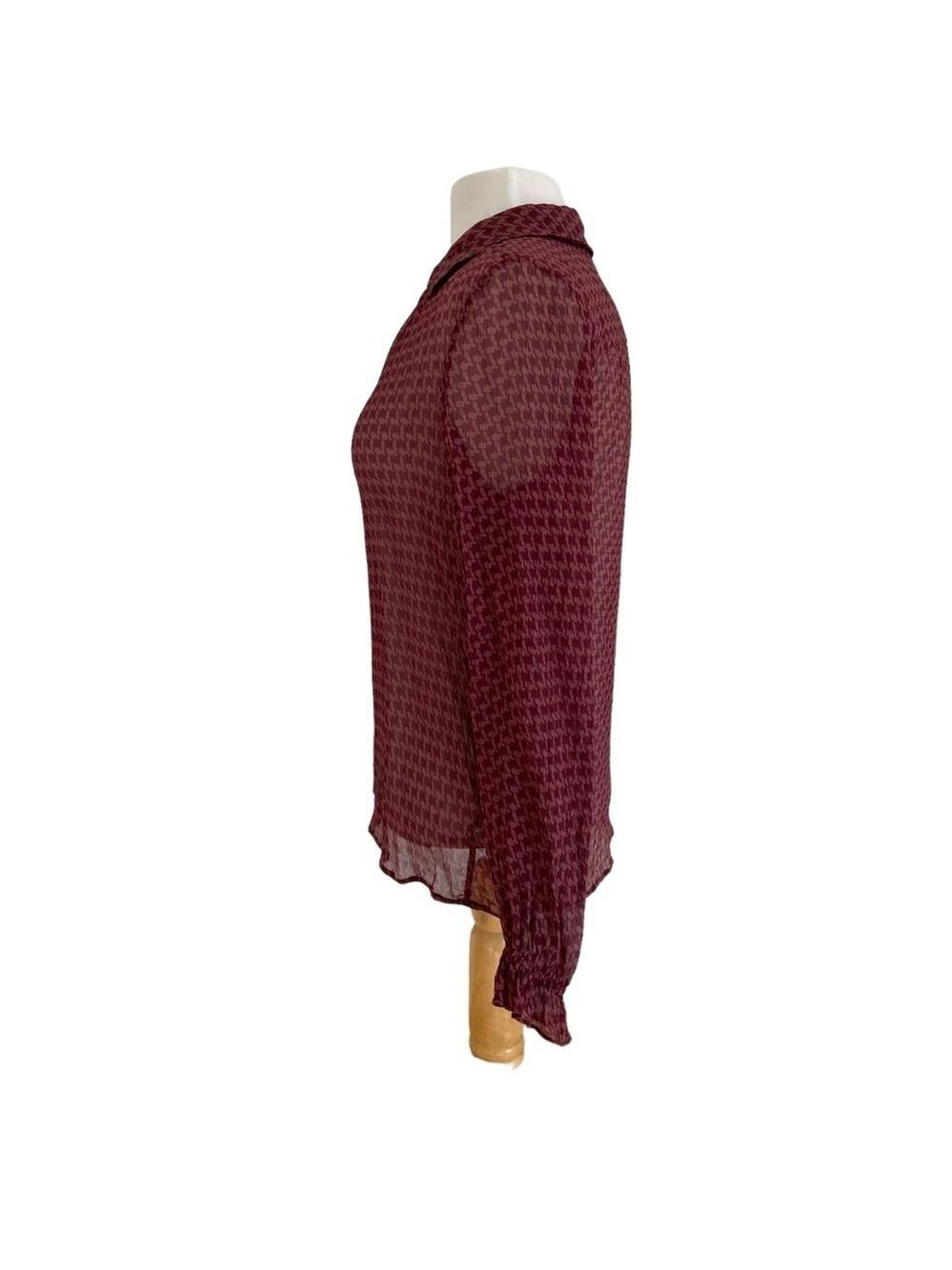 Paige Brea 100% Silk Burgundy Red Houndstooth Blouse Sheer Small houndstooth - Picture 7 of 15